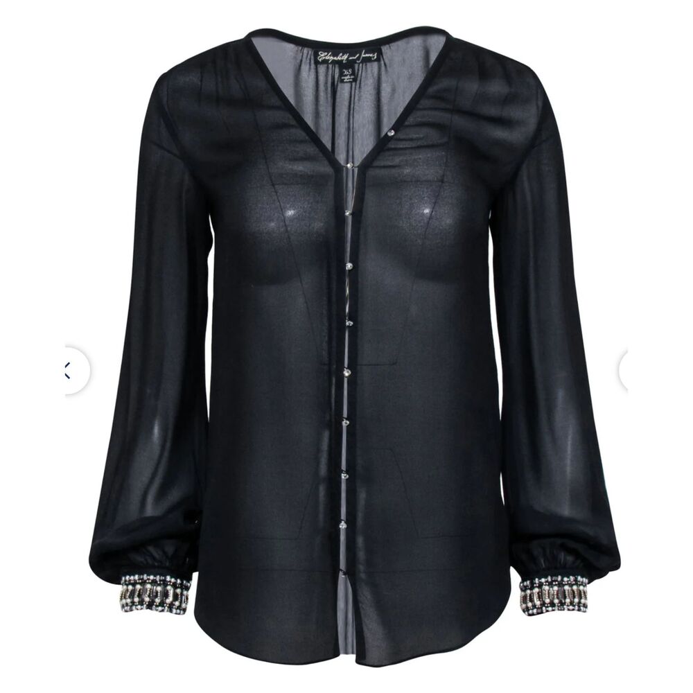 Elizabeth and James 100% Silk Black Semi-Sheer Beaded Jeweled Cuff Blouse Top M